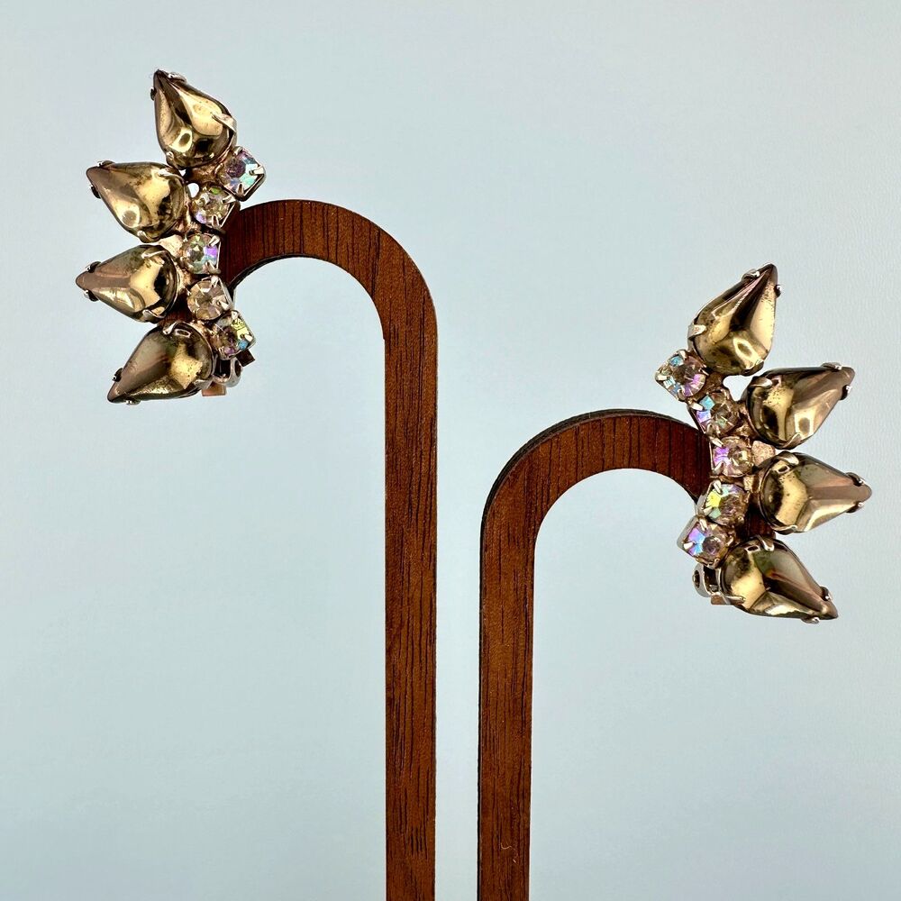 Vintage Weiss Rhinestone Earrings Smokey Gray Teardrop AB Climber Silver Tone